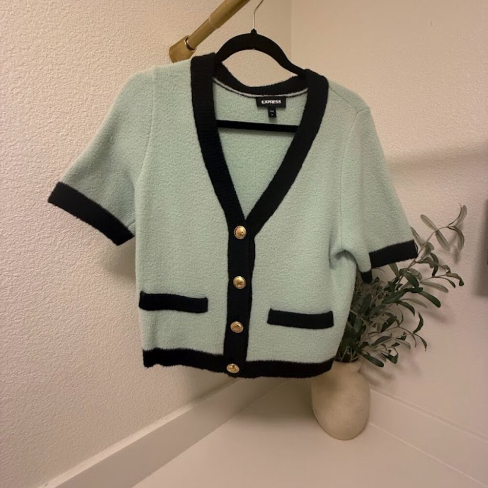 Mint Green Cropped Cardigan w/ Gold Buttons – Express, Size M - Picture 2 of 5